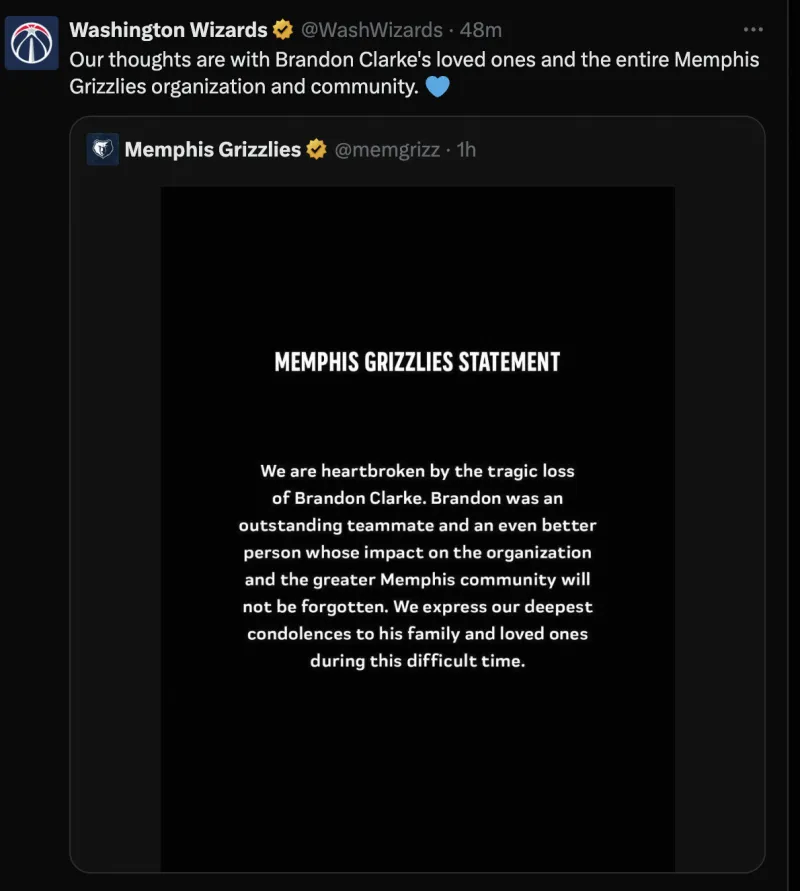 华体会hth-奇才官方悼念布兰登-克拉克：向其亲人及灰熊社区表达慰问
